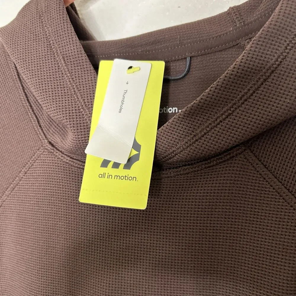 Heavy Waffle HOODED Sweatshirt All in Motion 2 pocket BROWN Thumbholes Sz Small